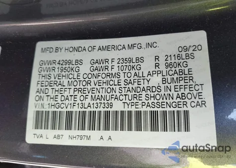 2020 Honda Accord Lx z USA, uszkodzony, nr VIN 1HGCV1F13LA137339